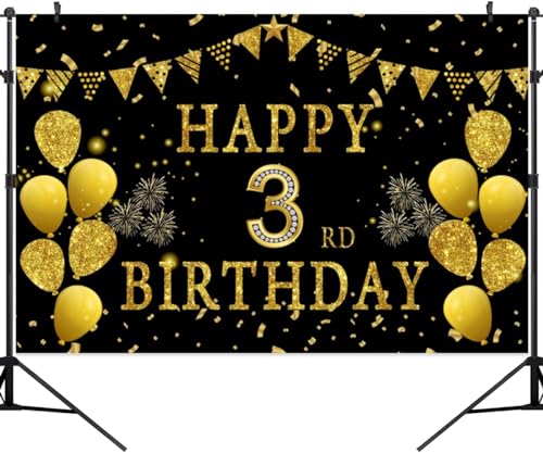 5x3ft Happy 3rd Birthday Party Photography Backdrop, Glitter Black and Gold Balloons Background for Girl Boy Third Bday Shining Diamond Three Years Old Birthday Party Supplies - color: 3rd, size: 5x3ft