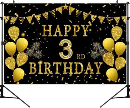 5x3ft Happy 3rd Birthday Party Photography Backdrop, Glitter Black and Gold Balloons Background for Girl Boy Third Bday Shining Diamond Three Years Old Birthday Party Supplies - color: 3rd, size: 5x3ft