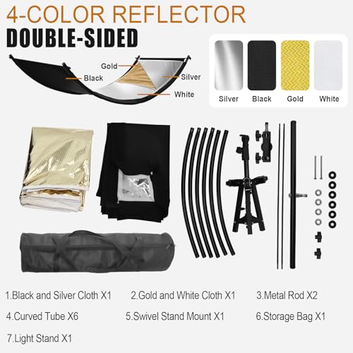Clamshell Light Reflector Diffuser with Rolling Stand and Carrying Bag, 70"x24"/180x60cm Arclight Curved Lighting Reflector for Photo Studio Photography with White/Gold/Silver/Black Colors by MCCKLE