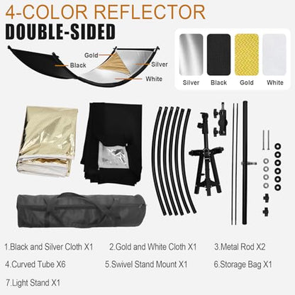 Clamshell Light Reflector Diffuser with Rolling Stand and Carrying Bag, 70"x24"/180x60cm Arclight Curved Lighting Reflector for Photo Studio Photography with White/Gold/Silver/Black Colors by MCCKLE