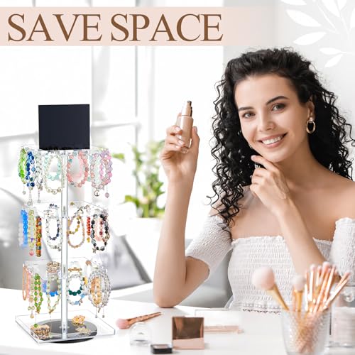 4-tier Bracelet Holder 360° Rotating Acrylic Bracelet Display Stand with 60 Hooks, Jewelry Holder Organizer with Tray, Jewelry Display Stand with Advertising Board for Bangles Keychain Earrings Vendor