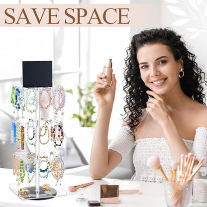 4-tier Bracelet Holder 360° Rotating Acrylic Bracelet Display Stand with 60 Hooks, Jewelry Holder Organizer with Tray, Jewelry Display Stand with Advertising Board for Bangles Keychain Earrings Vendor