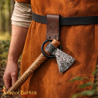 Lord of Battles Medieval Genuine Leather Axe Frog | Axe Holster with Belt Loop | Waist Holder for Axes, Tools - color: Mjolnir - Brown
