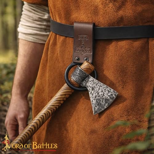 Lord of Battles Medieval Genuine Leather Axe Frog | Axe Holster with Belt Loop | Waist Holder for Axes, Tools - color: Mjolnir - Brown