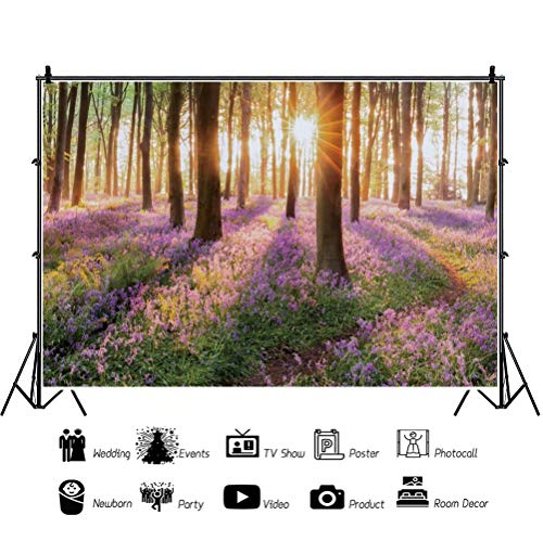 shensu Vinyl 9x6ft Sunshine Forest Purple Flowers Backdrops for Photography Green Trees Wildflowers Spring Summer Scenery Photo Background Portrait Photoshoot Booth Studio Props Party Decoration - size: 9x6ft
