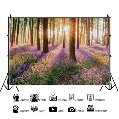 shensu Vinyl 9x6ft Sunshine Forest Purple Flowers Backdrops for Photography Green Trees Wildflowers Spring Summer Scenery Photo Background Portrait Photoshoot Booth Studio Props Party Decoration - size: 9x6ft