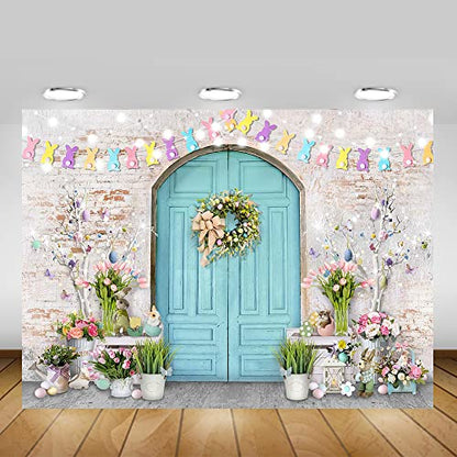 Mocsicka Easter Backdrop Blue Wooden Door with Brick Wall Bunny Rabbit Spring Photography Background Easter Day Party Decorations Photo Studio Props - size: 10x8ft(120x96 inch)