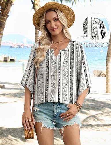 LOMON Women's 3/4 Length Sleeve Boho Tops V Neck Casual Vacation Clothes Loose Fit Tunic Shirts S-3XL - color: Multi Black, size: XX-Large