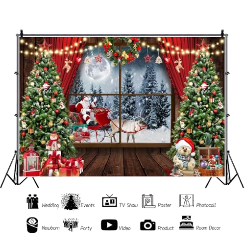 Renaiss 5x3ft Winter Christmas Backdrop Window Snow Forest Scene Wonderland Night Santa Claus Xmas Tree Gift Photography Background for Holiday Birthday Party Decor Booth Studio Props - color: christmas-b, size: 5x3ft