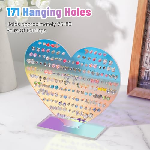 NiHome Heart-Shaped Acrylic Earring Holder Stand for Studs & Dangles, Romantic Jewelry Organizer for All Ages, Vanity Dresser or Boutique Decorative Display Holds 85 Pairs with 171 Holes (Iridescent) - color: Iridescent
