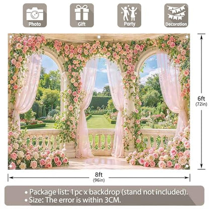 Fabric 8x6ft Spring Window Scenery Photography Backdrop Pink Flowers Rose Graden Background Girl Princess Wedding Bridal Shower Birthday Party Decorations Photo Props - size: 8'x6'