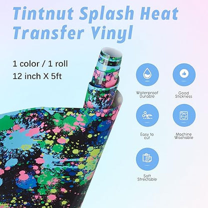 Tintnut Splash Heat Transfer Vinyl Roll - 12 Inch x 5ft Blue Watercolor Ink Patterned HTV Splatter Iron On Vinyl DIY T-Shirts Hats Clothes Canvas Bags - color: Blue