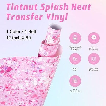Tintnut Splash Heat Transfer Vinyl Roll - 12 Inch x 5ft Pink and White Watercolor Ink Patterned HTV Splatter Iron On Vinyl DIY T-Shirts Hats Clothes Canvas Bags - color: Pink White