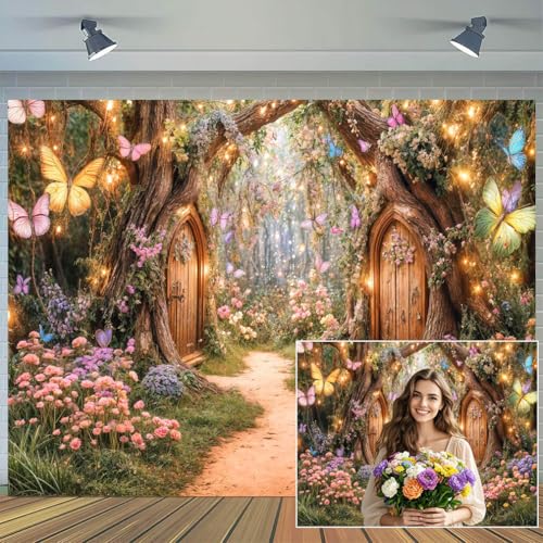 5X3ft Enchanted Forest Backdrop Fairy Tale Magic Garden Wonderland Floral Butterfly Photography Background for Kids Girls Baby Shower Birthday Party Decoration Cake Table Photo Booth Props - color: Multi, size: 5x3ft