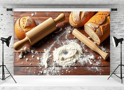 5x3ft Baking Backdrop Wooden Table Fresh Bread Flour Rolling Pin Rustic Kitchen Style Background for Birthday Baking Theme Party Cooking Classes Food Photography Decor Booth Props Banner - size: 5x3FT