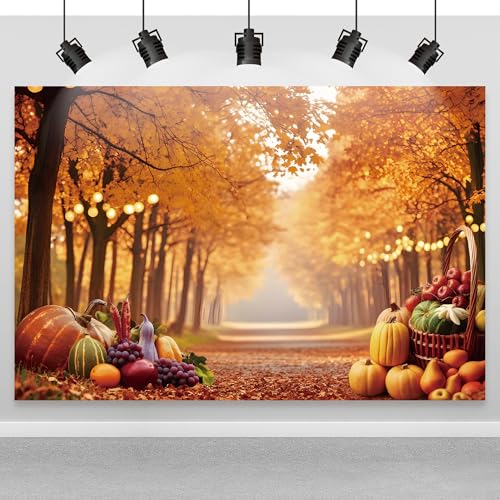 Fall Photography Backdrop 7x5ft, Autumn Maple Leaves Photo Background, Pumpkins Background for Thanksgiving Party, Farm Harvest Photo Booth Props - color: Autumn Backdrop-3, size: 7×5ft