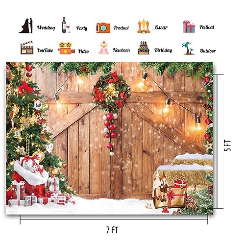 CHAIYA 7x5ft Christmas Backdrop Barn Wood Door Photography Backdrop Xmas Tree Snow Background Winter Xmas Party Supplies Christmas Family Kids Party Banner - size: 7′x5′