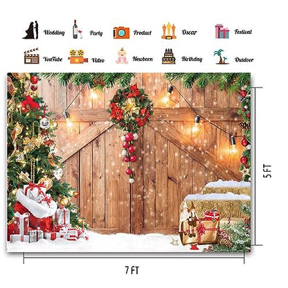 CHAIYA 7x5ft Christmas Backdrop Barn Wood Door Photography Backdrop Xmas Tree Snow Background Winter Xmas Party Supplies Christmas Family Kids Party Banner - size: 7′x5′