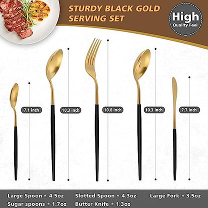 5-Piece Matte Black Gold Stainless Steel Large Hostess Set With Round Edge Satin Finish Dishwasher Safe - Large Serving Set Including Fork, Knife, Sugar Spoon And Slotted Spoon - color: Blackgold, size: 5-piece