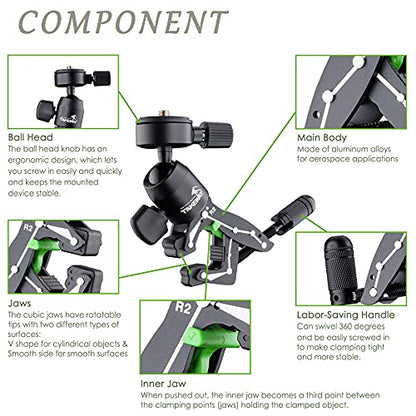 Adjustable Camera Clamp Mount with 360°Rotatable Mini Ball Head and 1/4" Screew Quick Release Tabletop C Clampod Bar Clamp for GoPro/Brinno/DSLR/MILC/SLR Camera and More Action Camera - style: R2