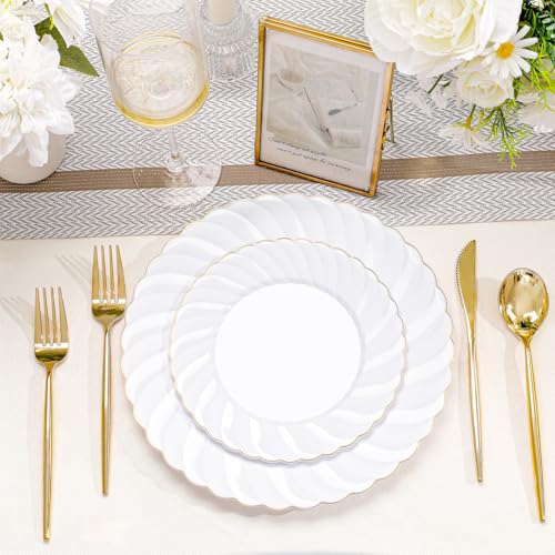 U-QE 60 Pcs White Plastic Plates with Gold Rim – Fancy Scalloped Plates Disposable - Premium Hard Plastic Plates Include 30 10" Dinner & 30 7" Dessert Plate for Party & Mother's Day - color: Gold