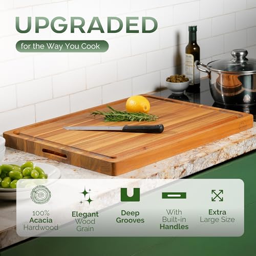 Howizz Acacia Wood Large Cutting Board, Thick Edge Grain Solid Wood Butcher Block For Kitchen, Non Toxic Pre-Oiled Carving Tray w/Juice Grooves and Easy Grip Handle, 17"x13" Thick 1" Gift-Ready Box - color: 1-Edge Grain 1in, size: 17"L x 13"W