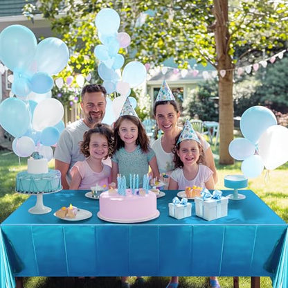 Just Shimmer 2 Pcs Lake Blue Foil Tablecloth 54 * 72inch Plastic Wedding Birthday Winter Party Turquoise Table Cloths Disposable Waterproof Aqua Table Cover for Graduation Anniversary Party Supplies - color: Lake Blue