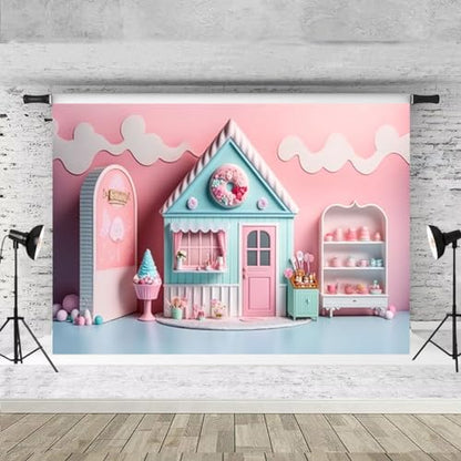 Pink Ice Cream Shop Candy House Background for Photoshoot Girl Birthday Party Decoration Children Happy First 1st Birthday Party Backdrop Summer Candy House Baby Shower Backdrop (6X4FT) - size: 6X4FT