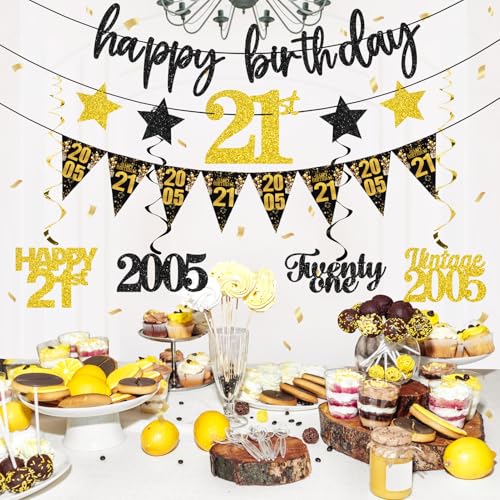 12PCS 21st Birthday Decorations for Him Her, Black Gold Vintage 2005 Happy 21st Birthday Banner Triangle Flag Banner Glitter Hanging Swirls Party Supplies Men Women, Cheers to 21 Years Old Bday Decor - style: Black Gold 21st