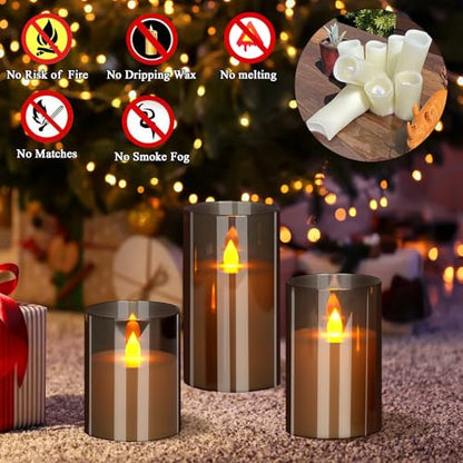 wemarry Flameless Candles 4" 5" 6" Acrylic Glass Pillars 3" Diameter Battery Operated Flickering Candles Include 8-Key Remote with Timer Function 400+ Hours (Gray, Warm Light 12 Pack) - color: Gray, size: Warm Light 12 Pack