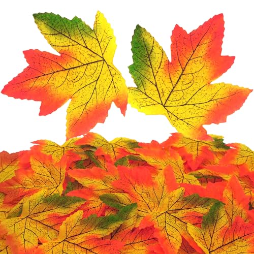 DIYOMR 100Pcs Simulated Maple Leaf, 3.9" x 3.5" Autumn Fall Artificial Leaves for Wedding Party Thanksgiving Decorations Table Room Home Decor Photography Props (Green-red) - color: Green-red