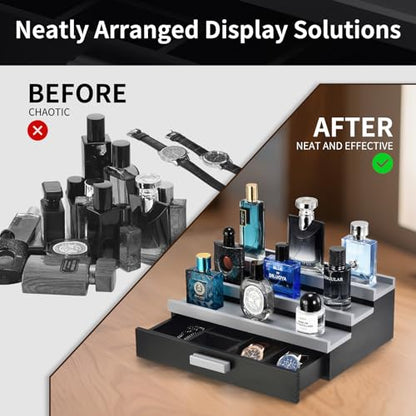 Perfume Organizer for Men, 3 Tier Wood Perfume Display Stand with Velvet Lining Drawer and Hidden Compartment for Watch,Jewelry,Perfume Display Risers,A Gift for Men (Black+Gray) - style: 3 Tier - BlackGrey
