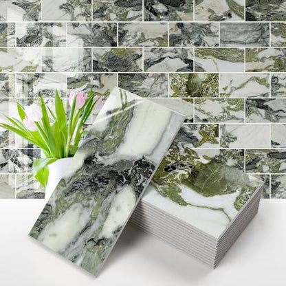 Vamos Tile 100-Piece Glossy Ice Green Peel and Stick Backsplash Tile,3''x6'' PVC Subway Tile with White Grout,Stick on Backsplash for Kitchen/Bathroom/Fireplace - color: Ice Green