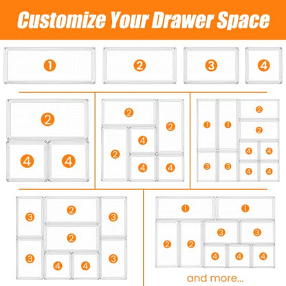 Criusia 6 Pcs Large Size Clear Drawer Organizer Set, Acrylic Non Slip Non Cracking Kitchen Drawer Storage Tray Divider, Multifunctional Storage for Cosmetics, Bathroom, Tools, Kitchen and Office - size: 6 PACK