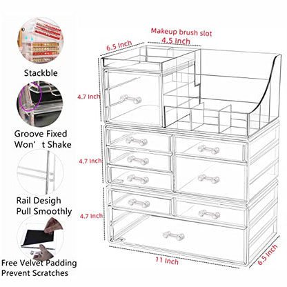 Cq acrylic 3 Pack Clear Make up Organizer Countertop,Stackable 9 Drawers Makeup Storage,Cute Vanity Organizers for dresser Hair Clip,Jewelry,Beauty Product Desk and Bathroom Organizers and Storage - size: 9 Drawers