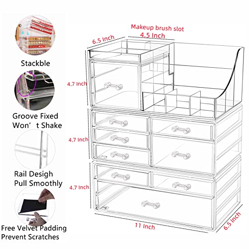 Cq acrylic 3 Pack Clear Make up Organizer Countertop,Stackable 9 Drawers Makeup Storage,Cute Vanity Organizers for dresser Hair Clip,Jewelry,Beauty Product Desk and Bathroom Organizers and Storage - size: 9 Drawers