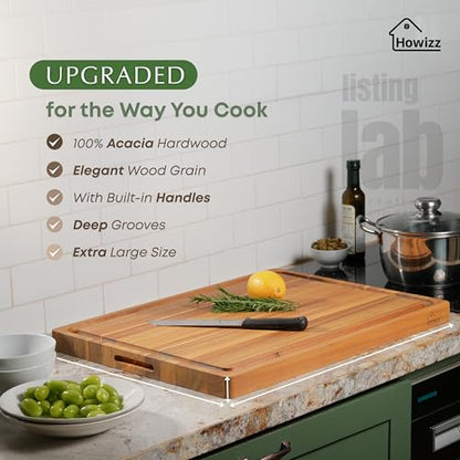 Howizz Acacia Wood Large Cutting Board, Thick Edge Grain Solid Wood Butcher Block For Kitchen, Non Toxic Pre-Oiled Carving Tray w/Juice Grooves and Easy Grip Handle, 24"x18" Thick 1" Gift-Ready Box - color: 1-Edge Grain 1in, size: 24"L x 18"W