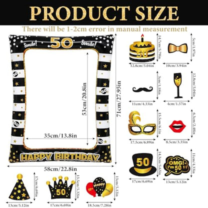 50th Birthday Photo Booth Props, Black Gold Inflatable Photo Booth Frame, 30PCS Photo Booth Props, for Party Selfie Party Decorations and Gifts - size: 50th Birthday Inflatable Frame