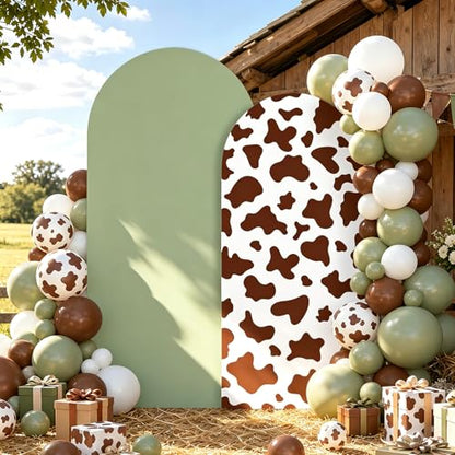 2Pcs Cow Print Arch Backdrop Covers Set Sage Green Brown(7.2ft+6ft), Spandex Fitted Arch Stand Covers for Baby Shower Birthday Bridal Shower Western Farm Photo Booth Background - color: Sage Green & Brown-Cow Print, size: 7.2FT/6FT