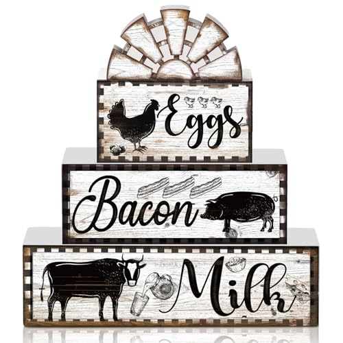 Jetec 4 Pcs Farmhouse Kitchen Decor Wooden Tiered Tray Decor Cow Rooster Pig Rustic Bathroom Signs Decorative Faux Stacked Table Centerpiece Block Sign for Home Living Kitchen Dining Room Shelf - style: Cow Rooster Pig
