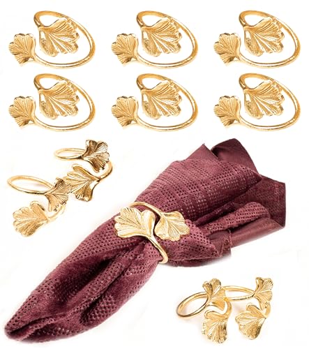 CLEENTABLE Ginkgo Leaf Napkin Rings Set of 10 - Holiday Napkin Rings Decorative Metal Napkin Holders for Wedding Party Holiday Banquet Christmas Dinner Delicate Serviette Buckles Decor (Gold) - color: Gold, size: Pack of 10