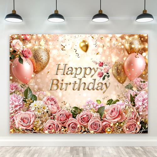 Riyidecor Pink Gold Happy Birthday Backdrop Balloon Rose Floral Golden Ribbon Botanical 7Wx5H Feet Polyester Fabric for Men Women Photography Background Bday Table Decor Banner Studio Photo Shoot - color: D 01 Pink, size: 7Wx5H