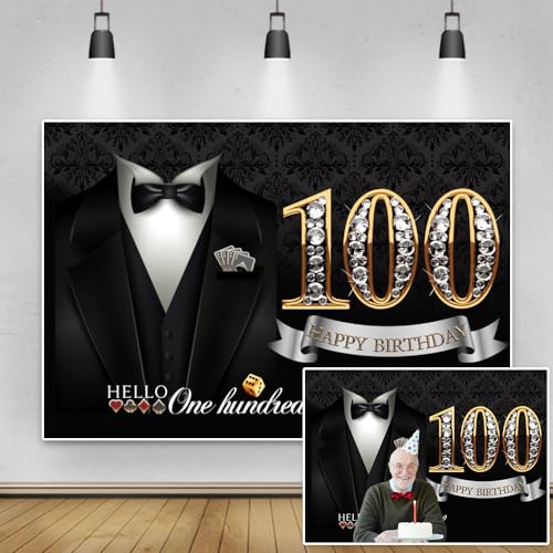 6x4ft Men 100th Birthday Backdrop Gentleman Black Tuxedo Suit Shiny Diamond Hello One Hundred Damask Floral Photography Background for Grandpa Father Birthday Party Decors Cake Table Banner - color: black gold 100, size: 6x4ft