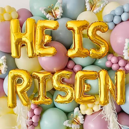 Easter-Balloon He Is Risen Gold Letter Balloons 9PCS 16in Foil Banner Easter Spring Party Decoration Celebration Mantle Fireplace Wall Backdrop Supply