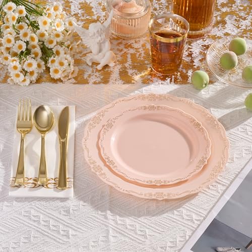 Fijinhom 175 PCS Pink Disposable Plates, Elegant Dinnerware Set for 25 Guests, 50 Plastic Plates, 75 Silverware, 25 Cups & 25 Paper Napkins, Pink - color: Pink Gold Pattern, size: 25 Guests-175pcs