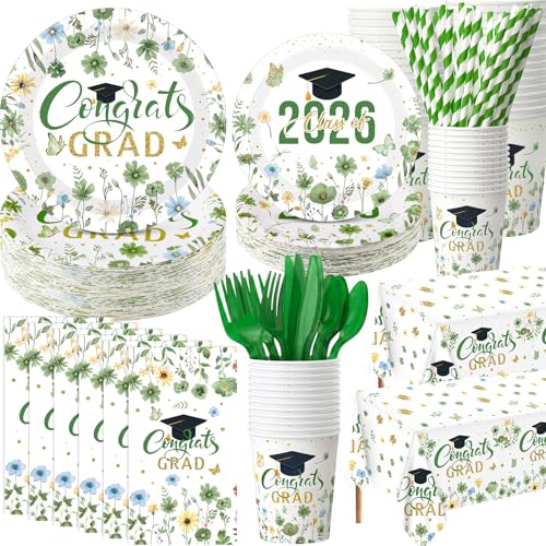 Ceenna 452 Pcs 2026 Sage Green Floral Graduation Party Decoration for 50, Wildflower Congrats Grad Paper Plates Napkins Cups Tablecloth Cutlery Straw Grad Tableware set for Class of 2026 Party Supply - color: Green