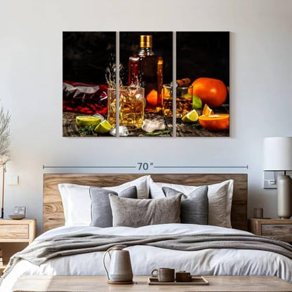 ElephantStock - Citrus Whiskey And Cigar Wall Art - Horizontal Multi Panel Canvas - 3 Piece Living Room Wall Decor - Photography Food And Drink Multi Piece Wall Art - Brown And Gray Decor - 57" x 36" - size: 57"L x 36"W