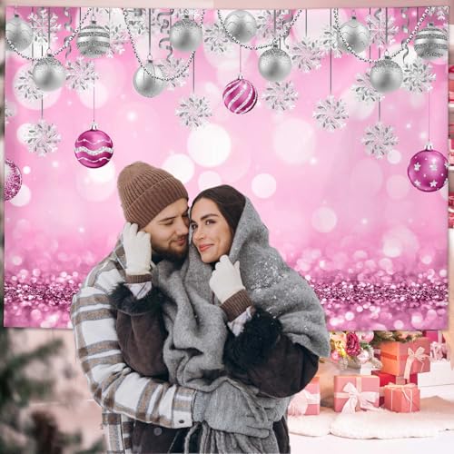 AIBIIN 7x5ft Winter Wonderland Backdrop Snowflake Pink Sliver Glitter Pearl Bokeh Photography Background Christmas Baby Shower Party Decoration Banner Snow Birthday Photo Studio Booth Props - size: 7x5ft