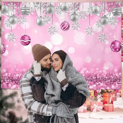 AIBIIN 7x5ft Winter Wonderland Backdrop Snowflake Pink Sliver Glitter Pearl Bokeh Photography Background Christmas Baby Shower Party Decoration Banner Snow Birthday Photo Studio Booth Props - size: 7x5ft