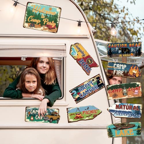 Hooqict 20 Pieces Camping Party Decorations Camping Themed Party Directional Signs for Summer Camp Day Classroom Welcome to Camp Birthday Decor Picnic Yard Sign - style: Camp